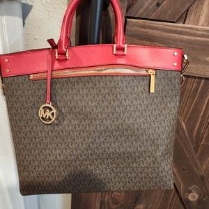 Michael Kors Travel Large Top Zip North South Tote Bag Flame/Brown signa…